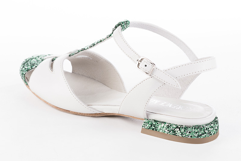 Mint green and pure white women's open back T-strap shoes. Round toe. Flat block heels. Rear view - Florence KOOIJMAN